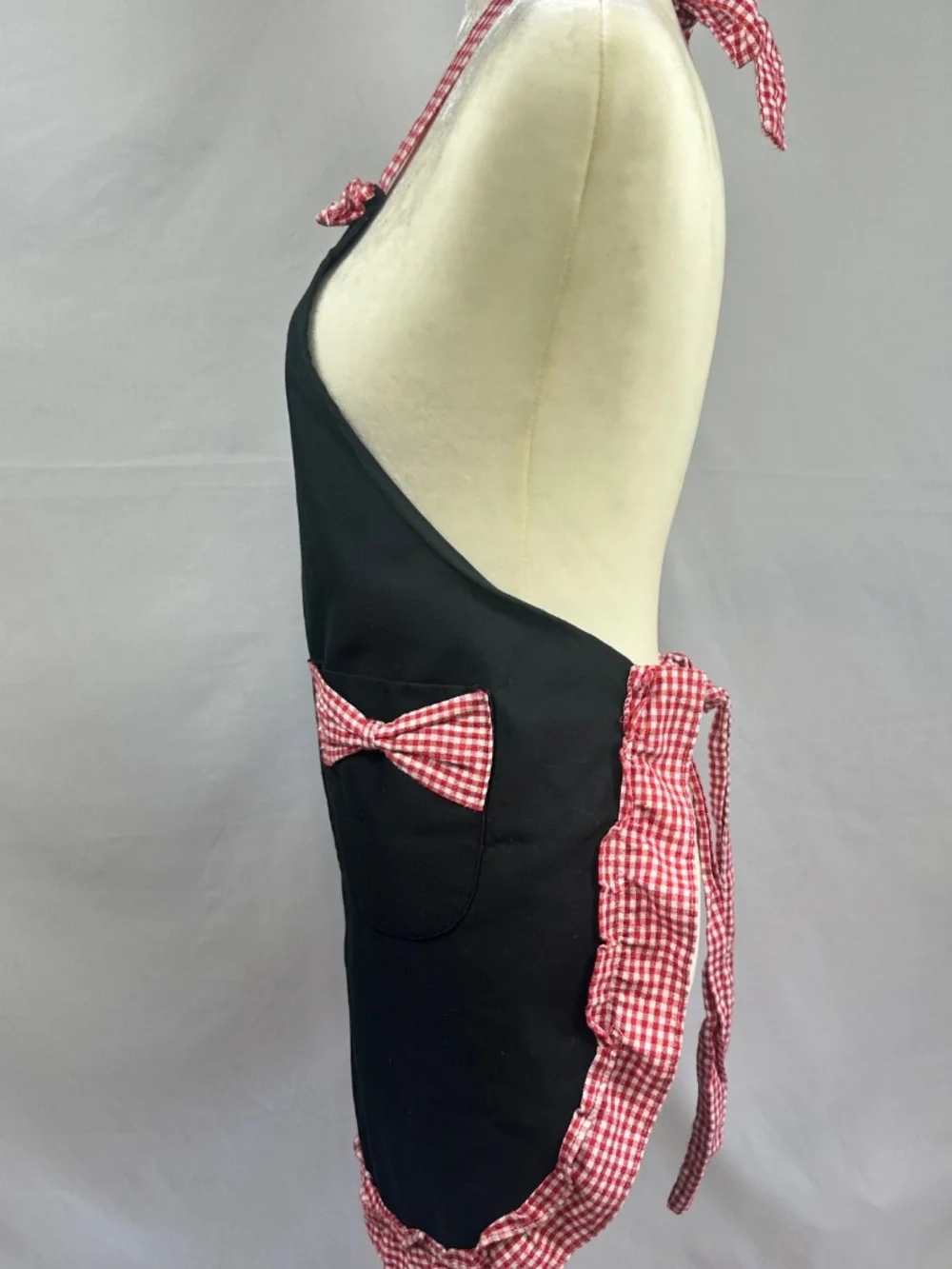 Women's Black Bib Apron with Red and White Checkered Trim, Size S-M, Tie Closure